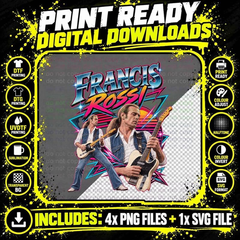 Francis Rossi Status Quo Retro 80s Neon Rock Guitar Png SVG Digital Bundle