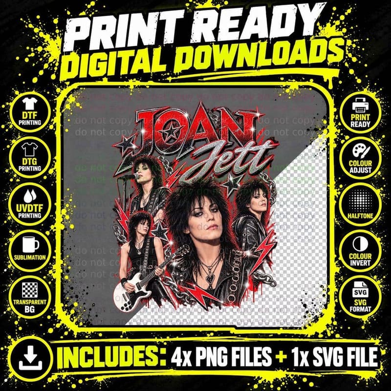 Joan Jett Red Leather Rock Guitar Retro 80s Punk Bootleg Png SVG Digital Bundle