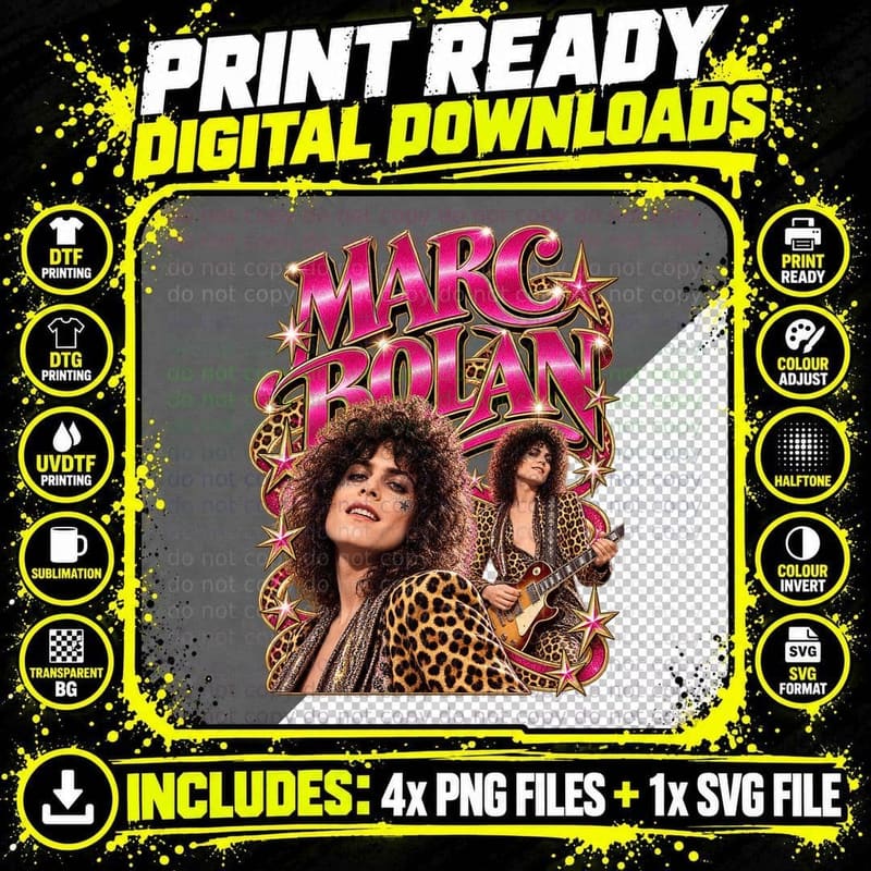Marc Bolan T Rex Leopard Star Hot Pink Glam Rock Vintage Png SVG Digital Bundle