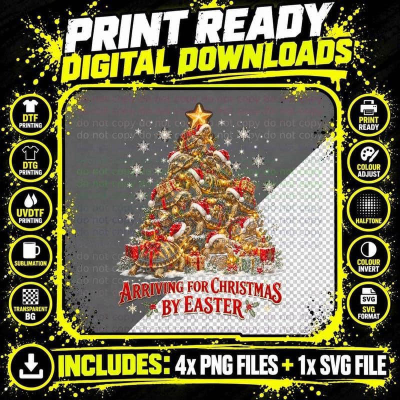 Arriving for Christmas by Easter Tortoise Christmas Tree Png SVG Digital Bundle