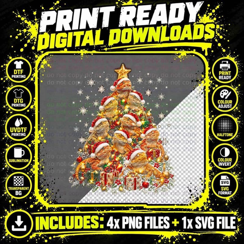 Bearded Dragon Christmas Tree Santa Hats Reptile Lover Png SVG Digital Bundle