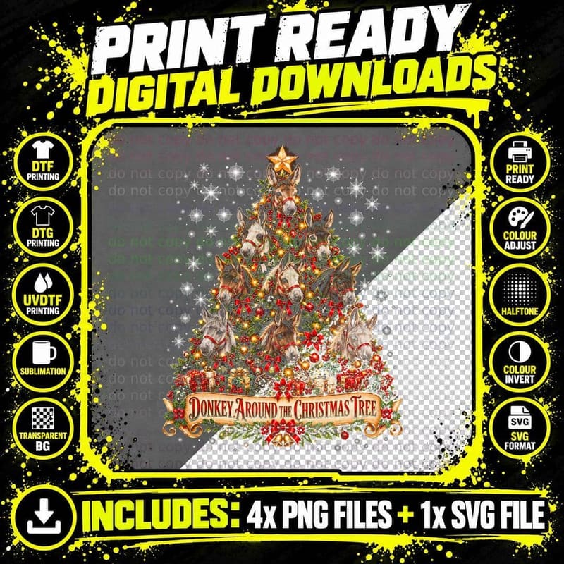 Donkey Around the Christmas Tree Miniature Donkey Lover Png SVG Digital Bundle