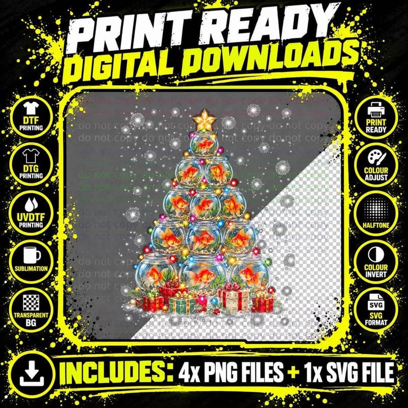 Goldfish Bowl Christmas Tree Goldfish Lover Fish Keeper Png SVG Digital Bundle