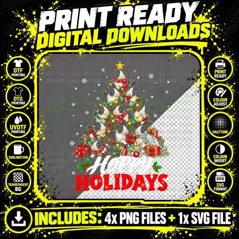 Hoppy Holidays Rabbit Christmas Tree Bunny Lover Funny Png SVG Digital Bundle