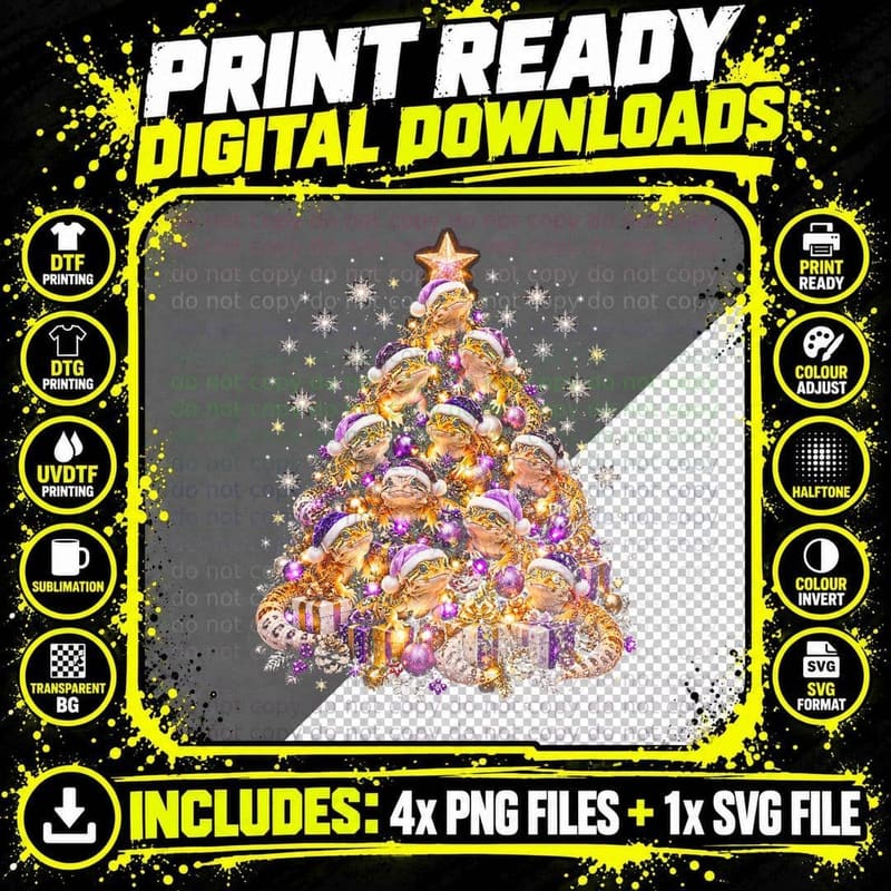 Leopard Gecko Christmas Tree Santa Hats Reptile Lover Png SVG Digital Bundle