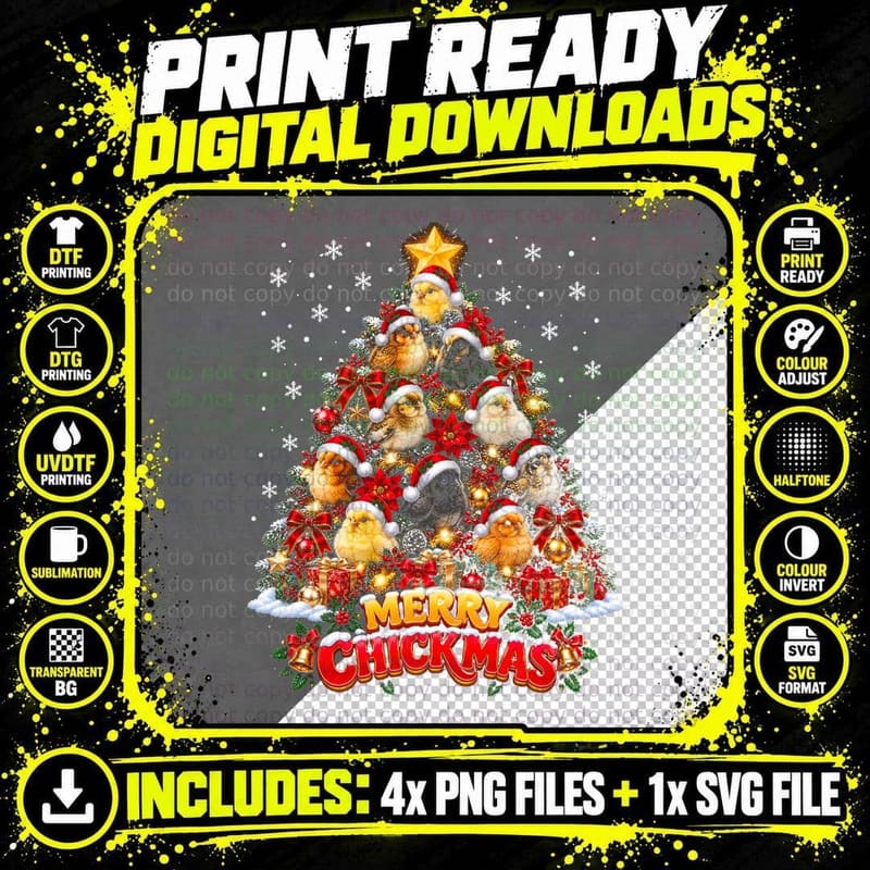 Merry Chickmas Chicken Christmas Tree Chick Farm Lover Png SVG Digital Bundle