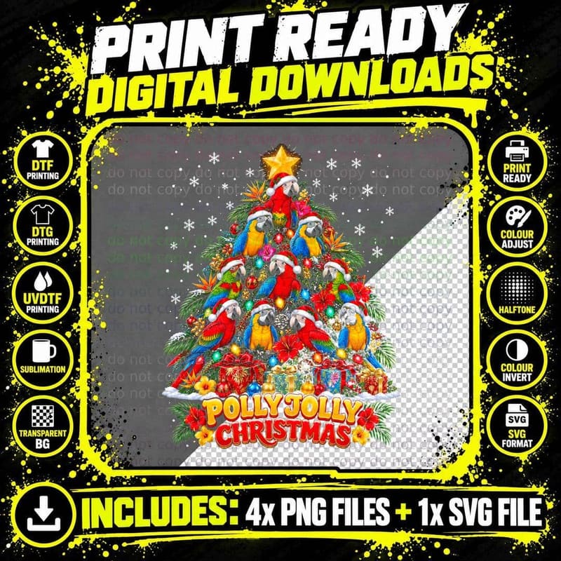 Polly Jolly Christmas Parrot Macaw Christmas Tree Bird Png SVG Digital Bundle