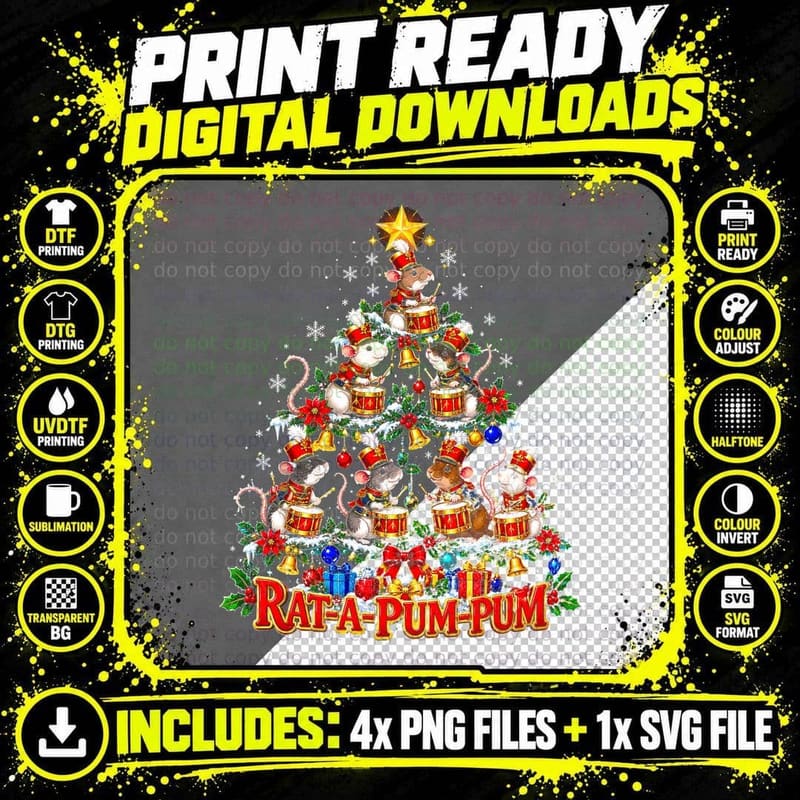 Rat-a-Pum-Pum Pet Rats Christmas Tree Funny Rat Lover Png SVG Digital Bundle