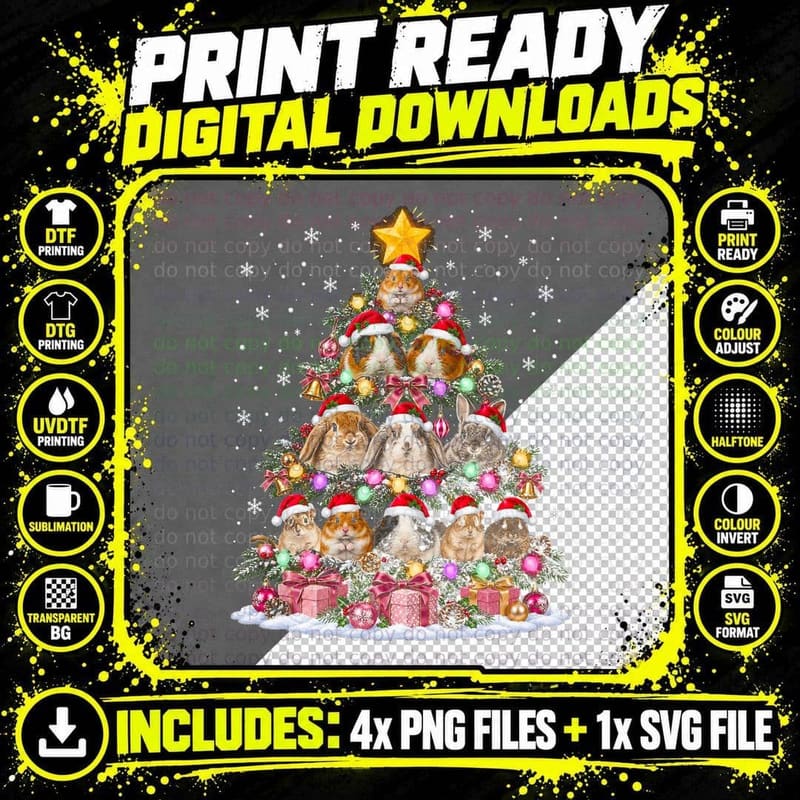 The Little Paws Rabbit and Guinea Pig Christmas Tree Pet Png SVG Digital Bundle