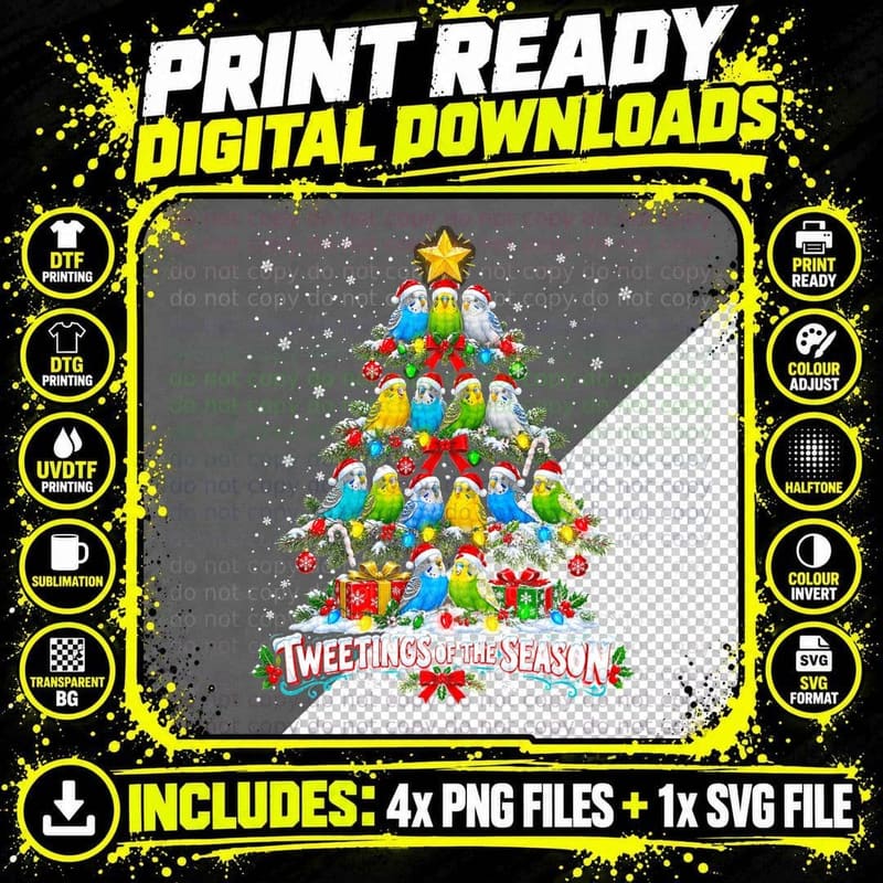 Tweetings of the Season Budgie Christmas Tree Bird Lover Png SVG Digital Bundle