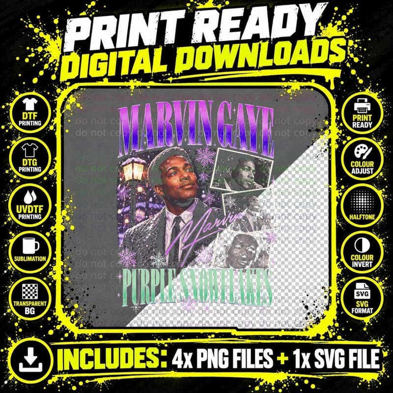 Marvin Gaye Purple Snowflakes Christmas Soul Retro Png SVG Digital Bundle