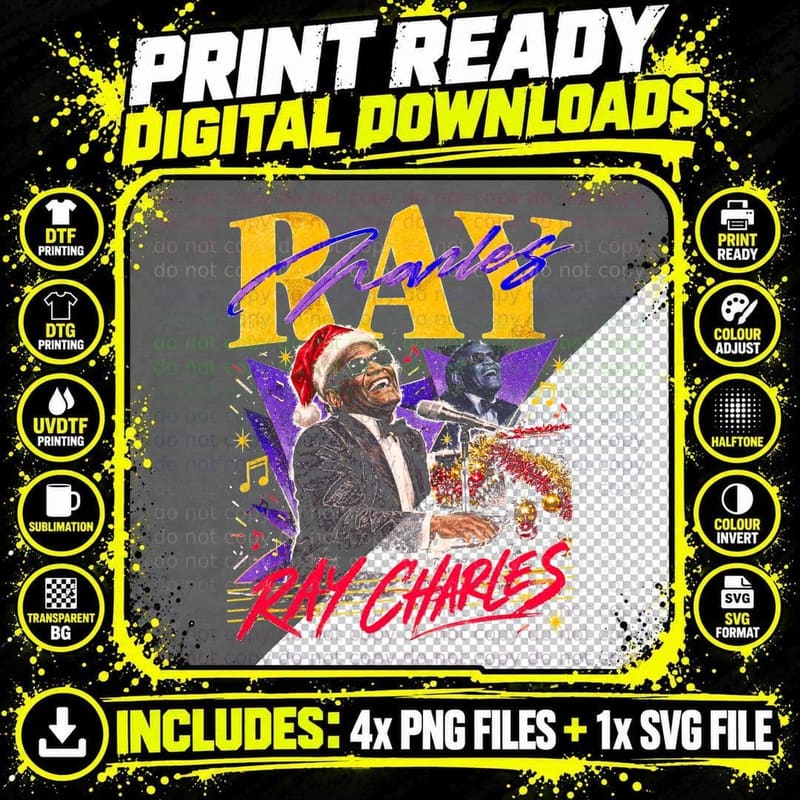 Ray Charles Santa Hat Piano Christmas Retro Vintage Gift Png SVG Digital Bundle