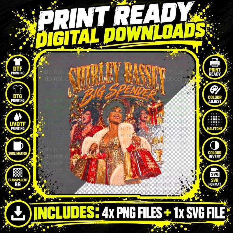 Shirley Bassey Big Spender Christmas Gifts Dame Retro Png SVG Digital Bundle