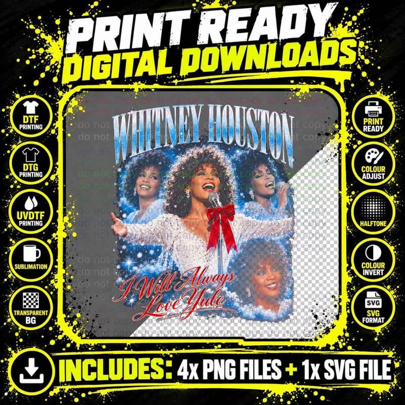 Whitney Houston I Will Always Love Yule Christmas Png SVG Digital Bundle