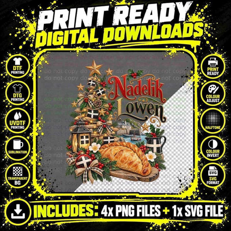 Cornish Pasty Nadelik Lowen Cornwall Christmas Png SVG Digital Bundle