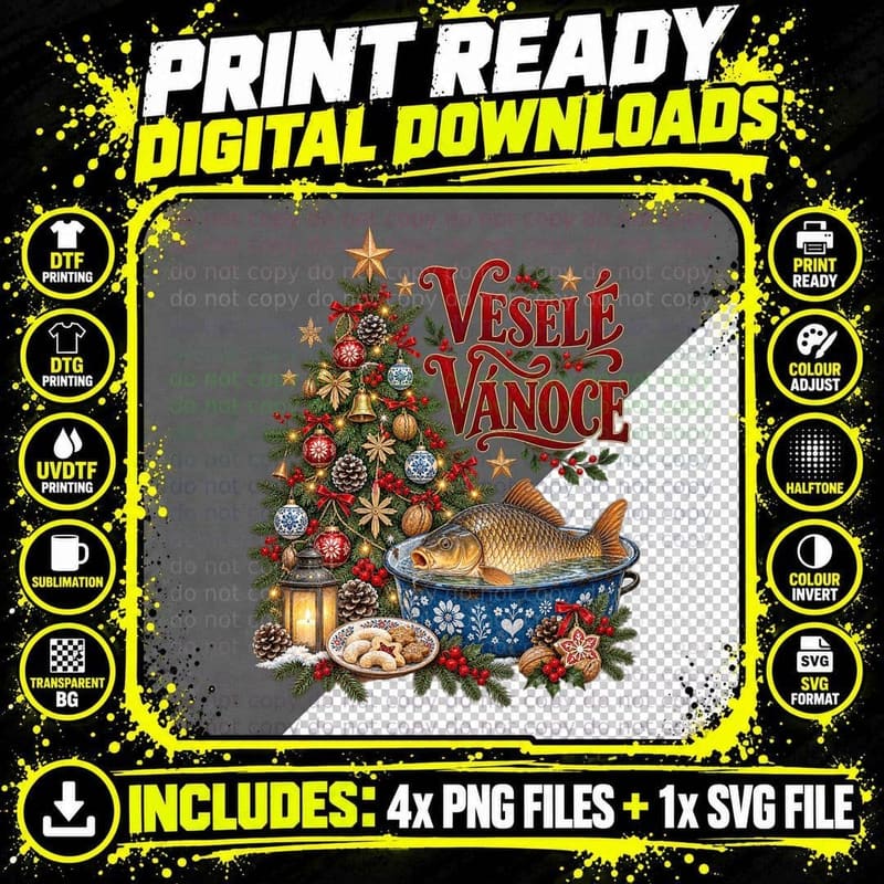 Czech Christmas Carp Watercolour Vesele Vanoce Png SVG Digital Bundle