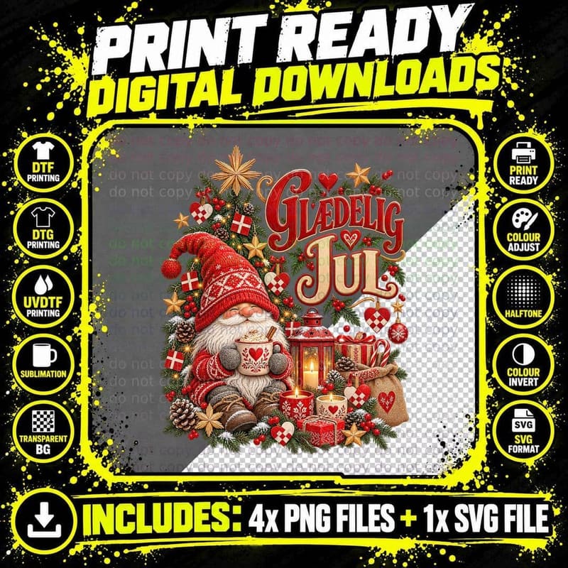 Danish Christmas Nisse Gnome Watercolour Folk Glædelig Png SVG Digital Bundle