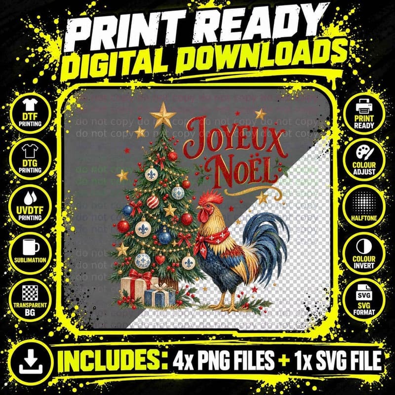 French Christmas Rooster Watercolour Folk Joyeux Noël Png SVG Digital Bundle
