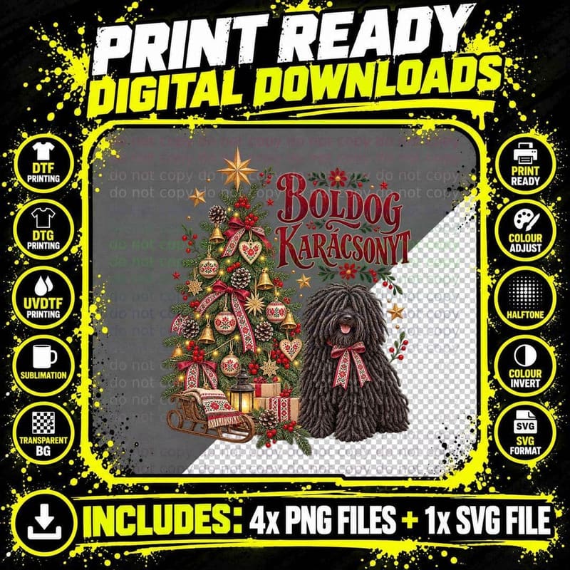 Hungarian Puli Dog Christmas Watercolour Boldog Png SVG Digital Bundle