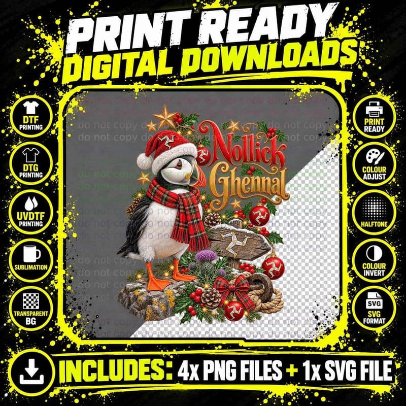 Isle of Man Puffin Nollick Ghennal Manx Christmas Png SVG Digital Bundle