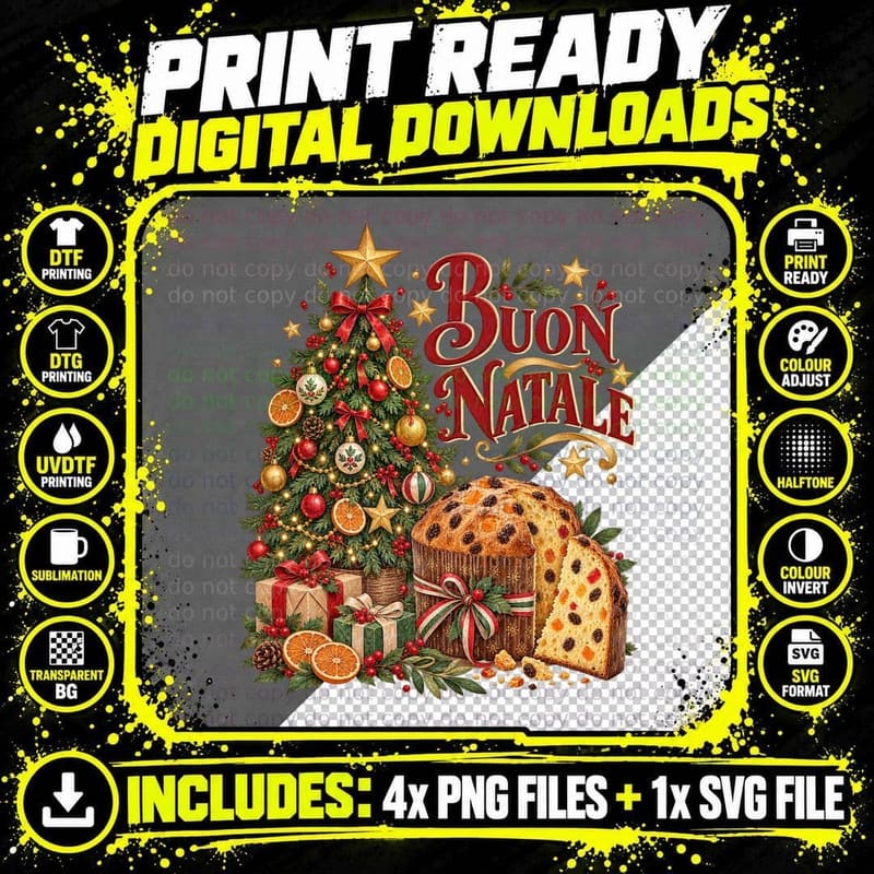 Italian Christmas Panettone Watercolour Folk Buon Natale Png SVG Digital Bundle