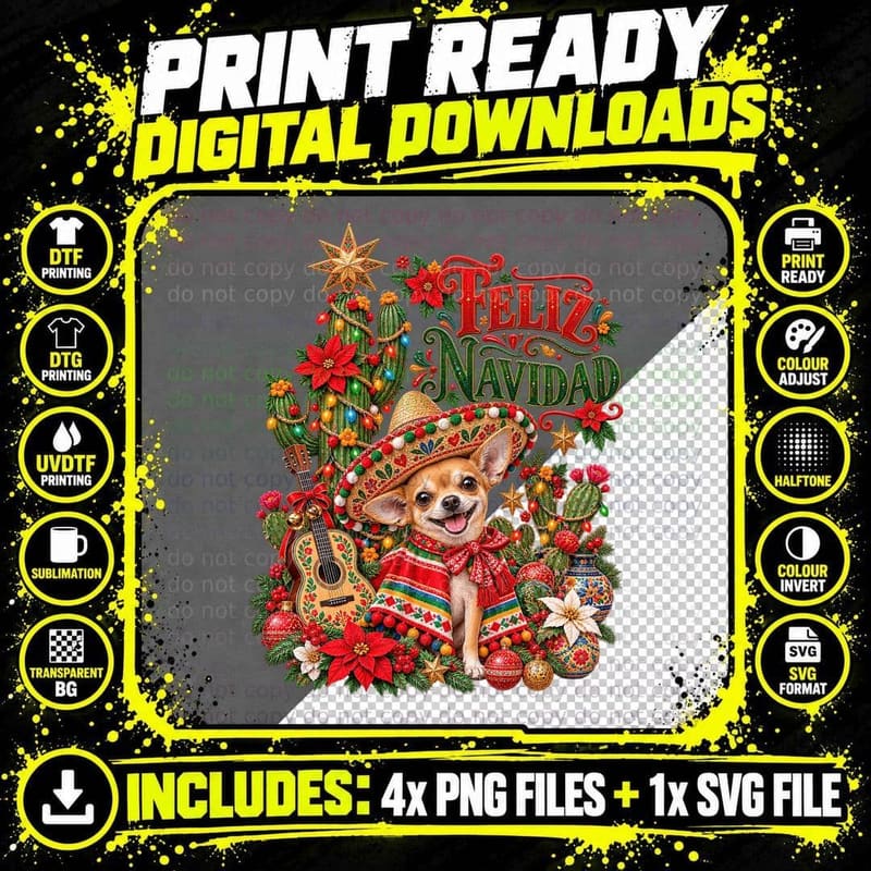Mexican Chihuahua Christmas Festive Cactus Feliz Navidad Png SVG Digital Bundle