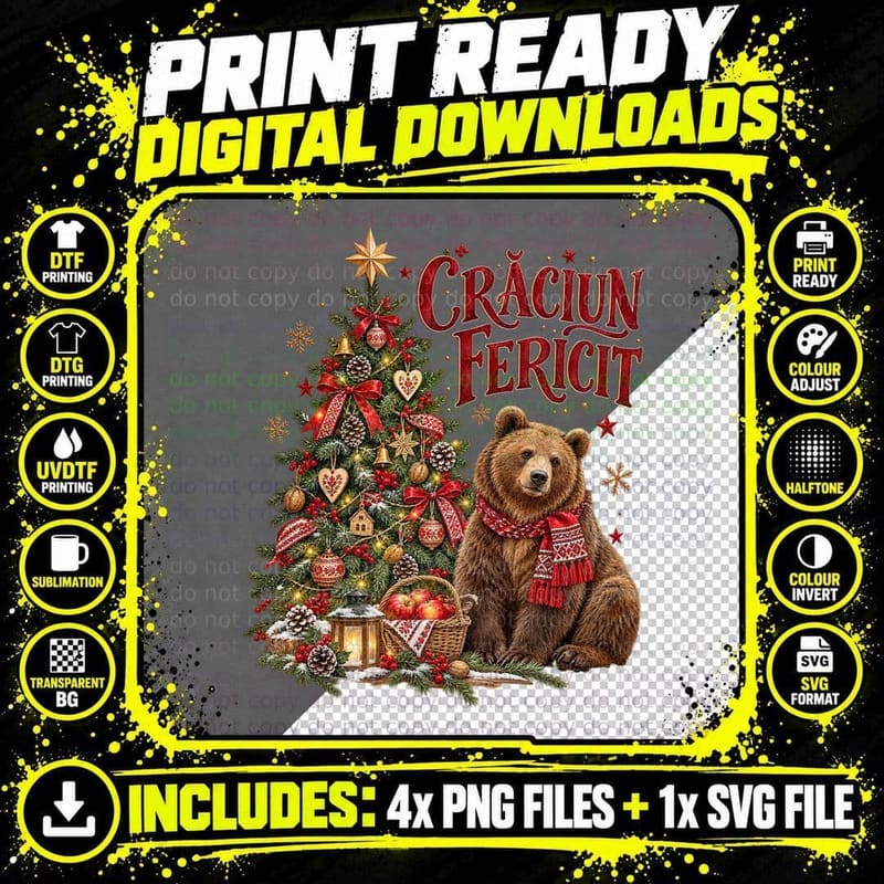 Romanian Brown Bear Christmas Watercolour Craciun Png SVG Digital Bundle