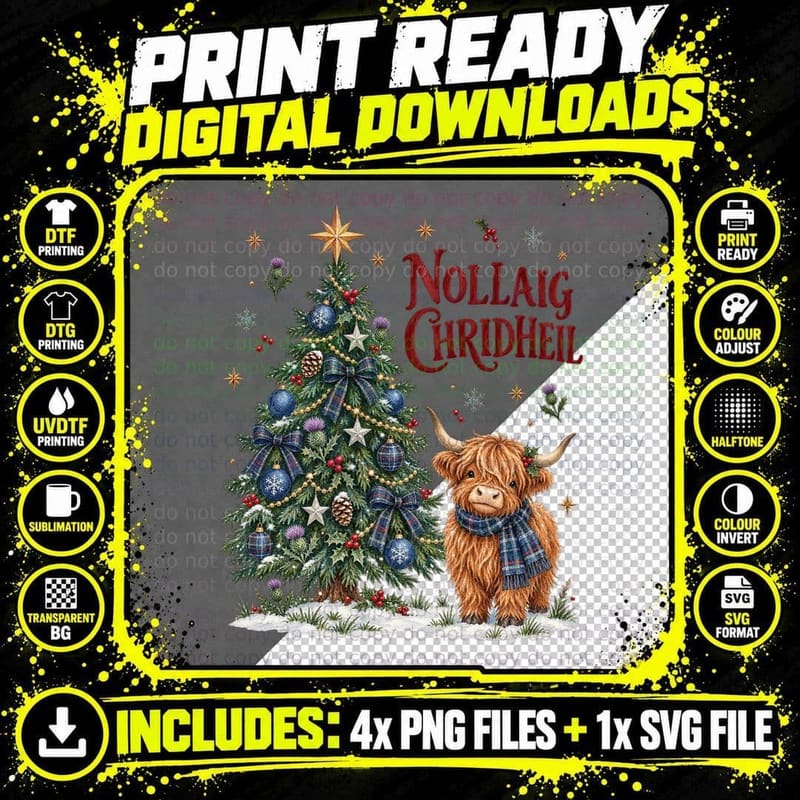 Scottish Highland Cow Christmas Watercolour Nollaig Png SVG Digital Bundle