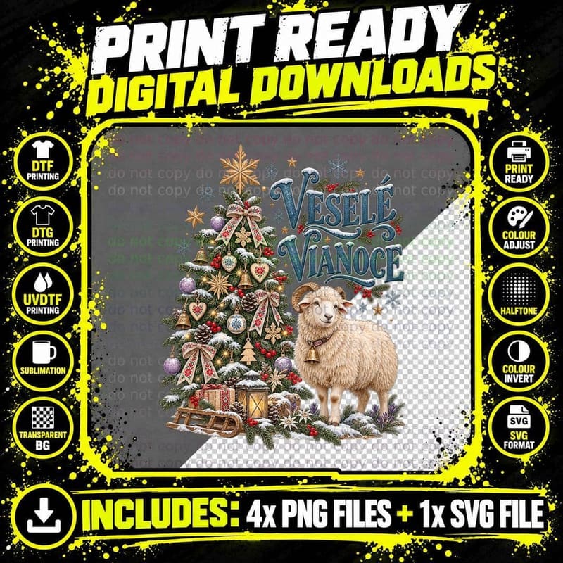 Slovak Mountain Sheep Christmas Watercolour Vesele Png SVG Digital Bundle