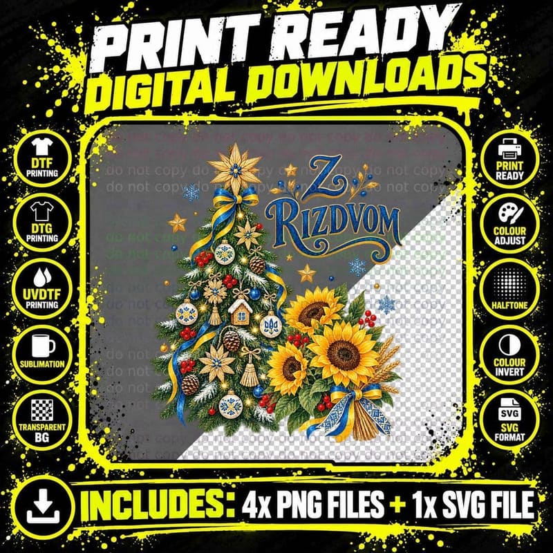 Ukrainian Sunflower Christmas Watercolour Z Rizdvom Png SVG Digital Bundle