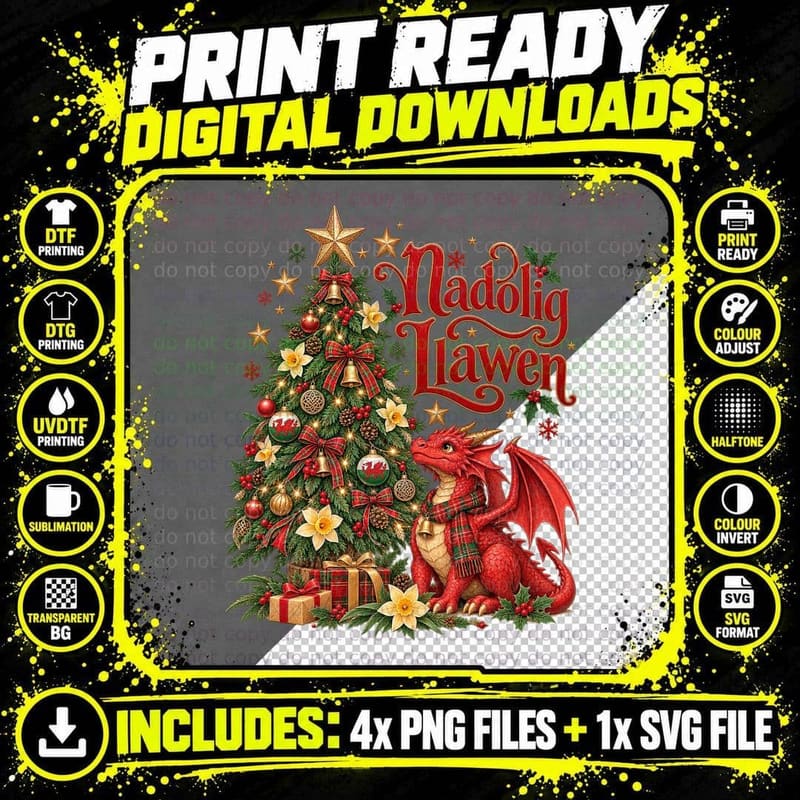Welsh Red Dragon Nadolig Llawen Wales Christmas Tree Png SVG Digital Bundle