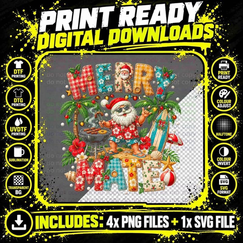 Australian Beach BBQ Santa Christmas Greeting Pattern Png SVG Digital Bundle