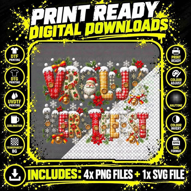 Belgian Christmas Greeting Pattern Letters Xmas Gift Png SVG Digital Bundle