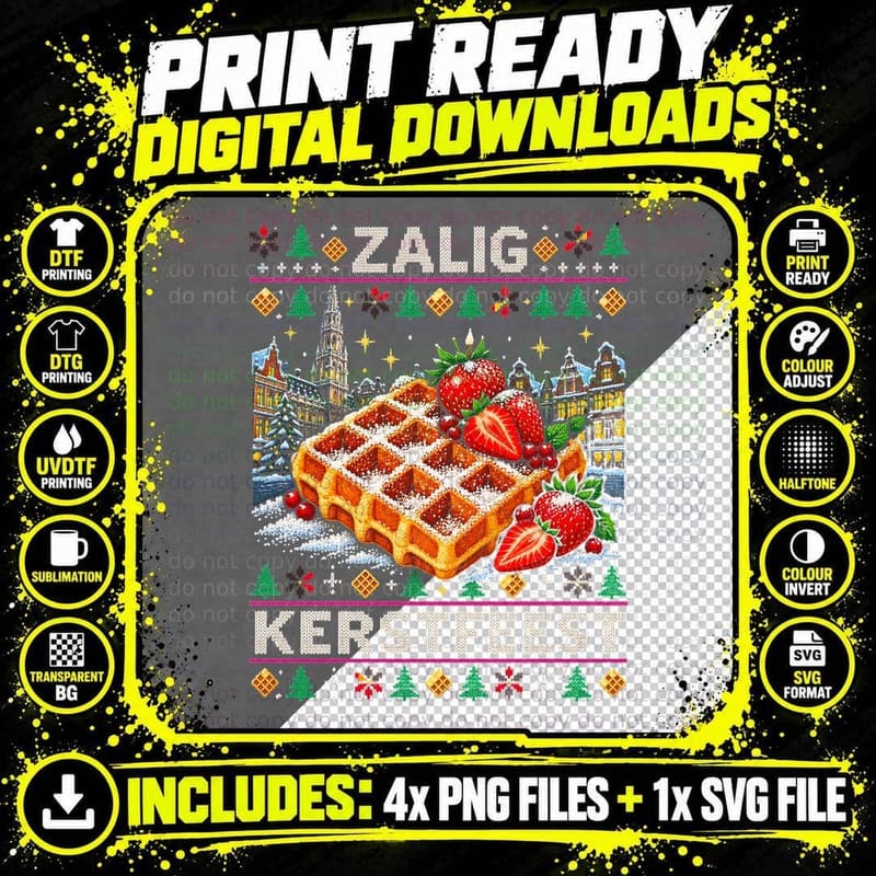 Zalig Kerstfeest Belgian Waffle Strawberries Christmas Sweater Halftone T-Shirt Png SVG Digital Bundle