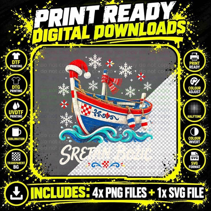 Sretan Bozic Croatian Fishing Boat Santa Hat Christmas Croatia Halftone T-Shirt Png SVG Digital Bundle