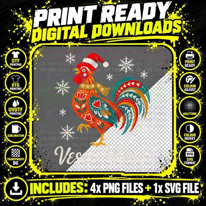 Vesele Vanoce Czech Folk Art Rooster Santa Hat Christmas Halftone T-Shirt Png SVG Digital Bundle