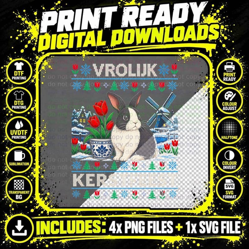 Vrolijk Kerstfeest Dutch Rabbit Tulips Windmill Xmas Sweater Halftone T-Shirt Png SVG Digital Bundle