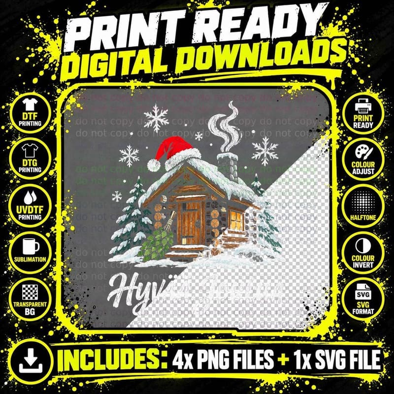Finnish Sauna Cabin Christmas Santa Hat Xmas Gift Png SVG Digital Bundle
