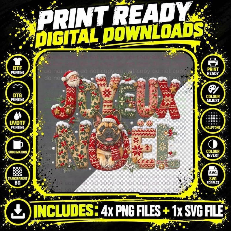French Christmas Greeting Pattern Letters Xmas Gift Png SVG Digital Bundle