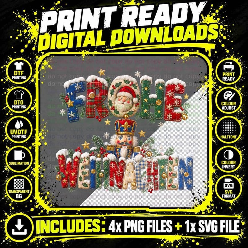 German Christmas Greeting Pattern Letters Xmas Gift Png SVG Digital Bundle