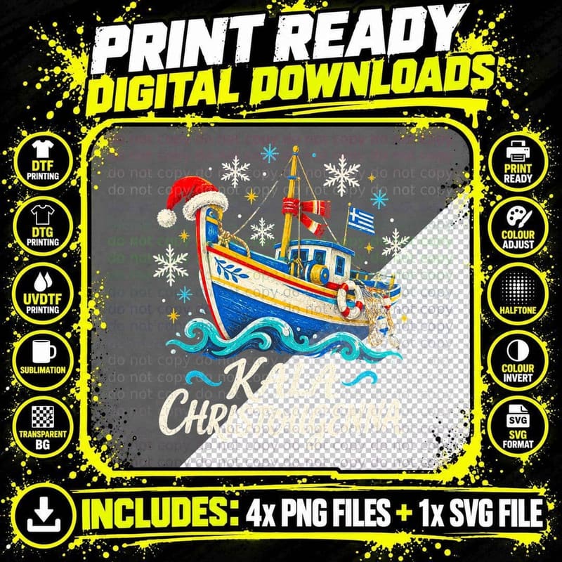 Kala Christougenna Greek Fishing Boat Santa Hat Christmas Halftone T-Shirt Png SVG Digital Bundle