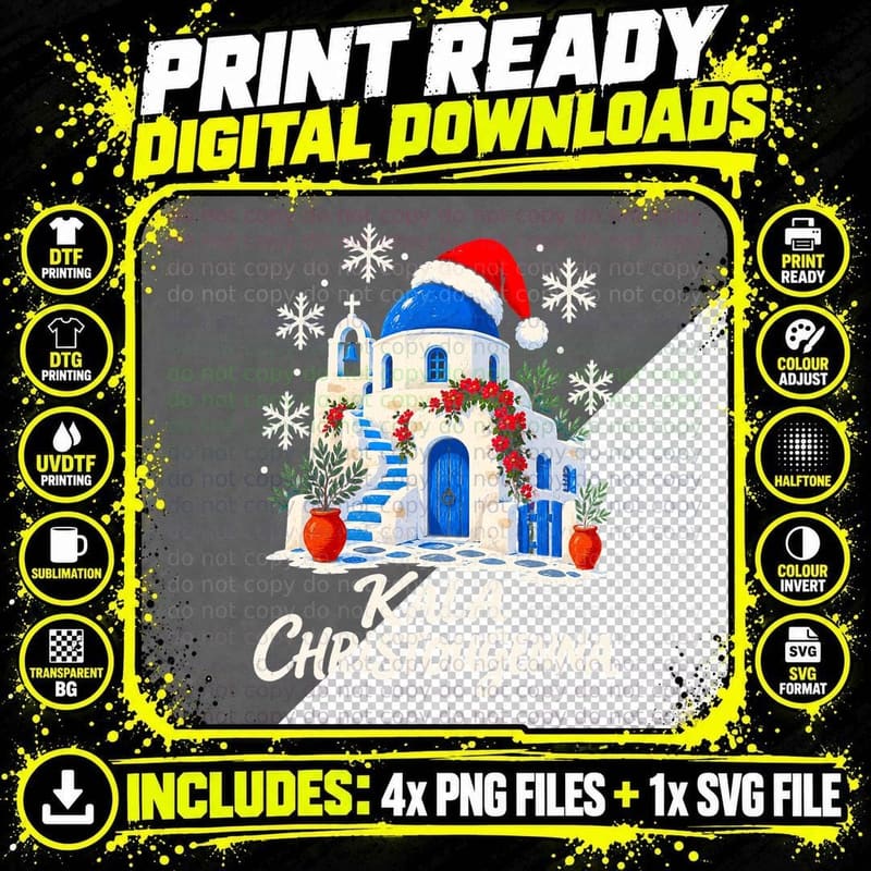 Greek White-and-Blue House Christmas Santa Hat Xmas Gift Png SVG Digital Bundle