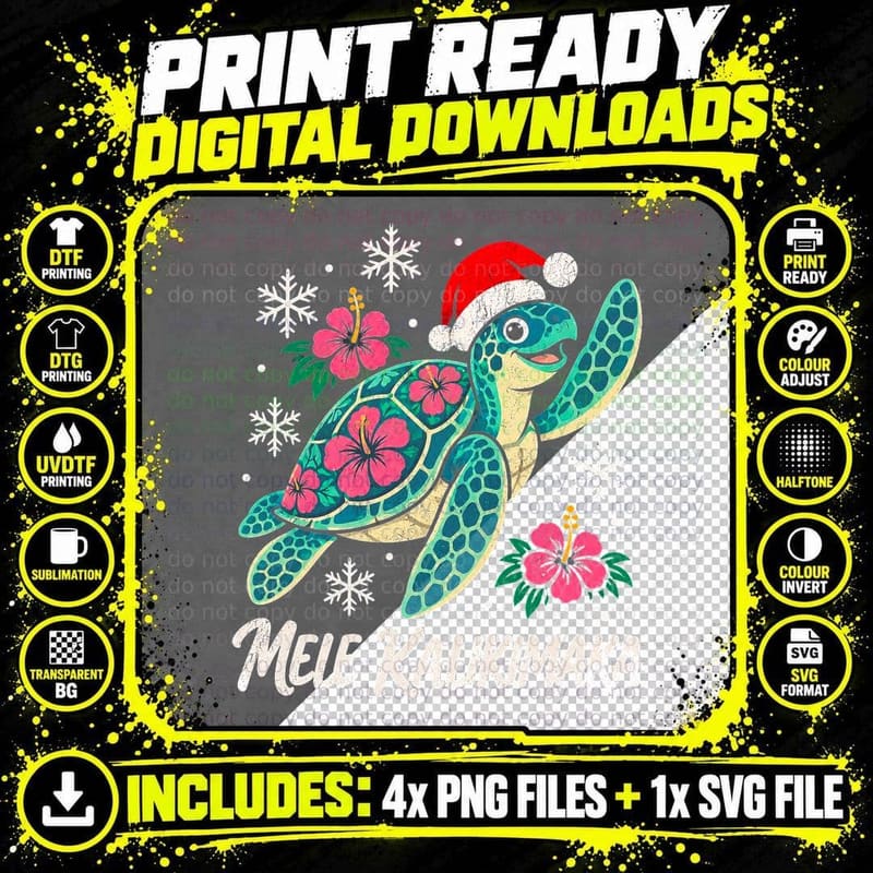 Mele Kalikimaka Sea Turtle Hibiscus Hawaiian Christmas Honu Halftone T-Shirt Png SVG Digital Bundle