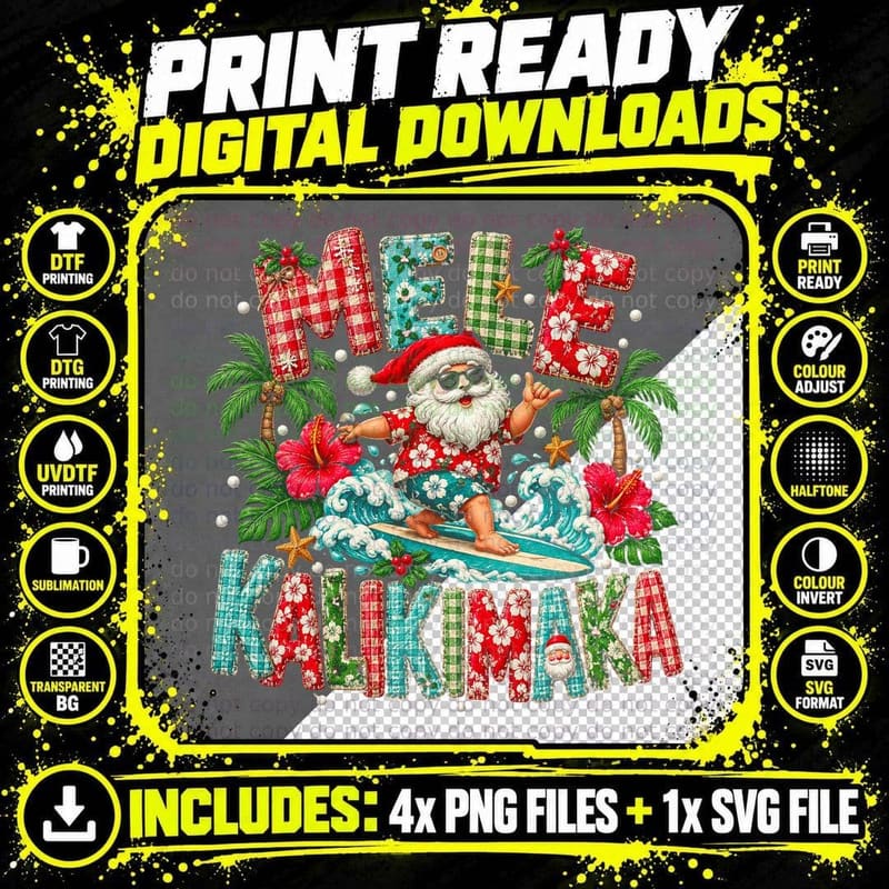 Hawaiian Surfing Santa Christmas Greeting Pattern Png SVG Digital Bundle