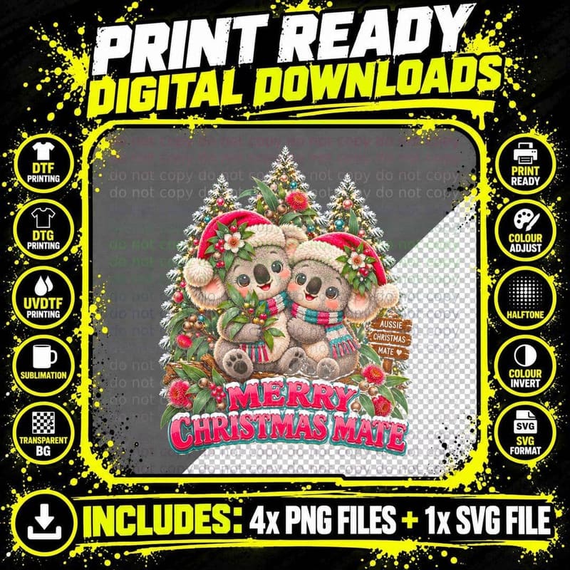 Merry Christmas Mate Koala Couple Cute Plush Aussie Gum Leaves Halftone T-Shirt Png SVG Digital Bundle