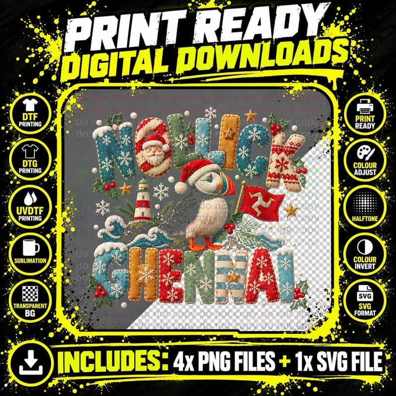 Manx Puffin Christmas Greeting Pattern Letters Xmas Gift Png SVG Digital Bundle