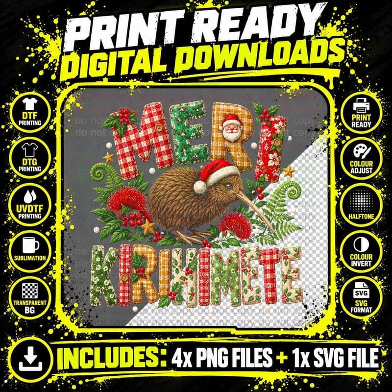 Māori Kiwi Bird Christmas Greeting Pattern Letters Xmas Png SVG Digital Bundle