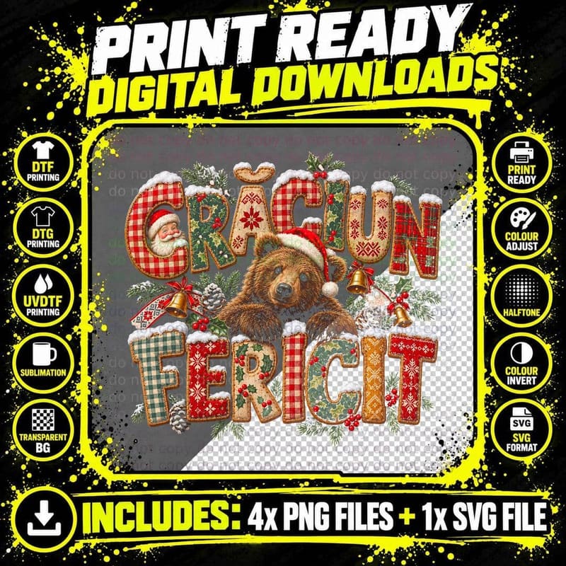 Craciun Fericit Brown Bear Patchwork Letters Romanian Christmas Halftone T-Shirt Png SVG Digital Bundle