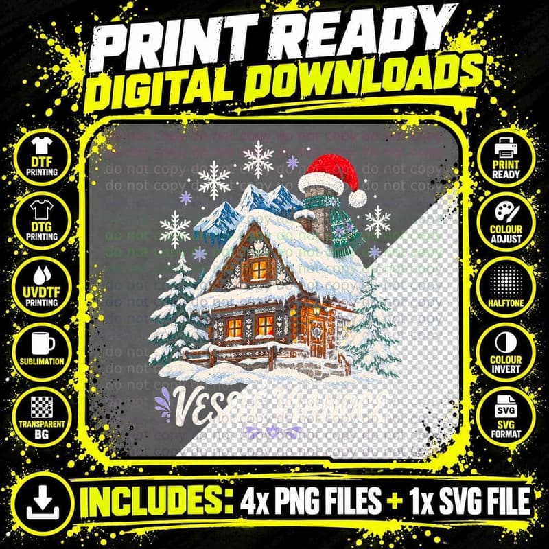 Vesele Vianoce Slovak Mountain Log Cabin Santa Hat Christmas Halftone T-Shirt Png SVG Digital Bundle
