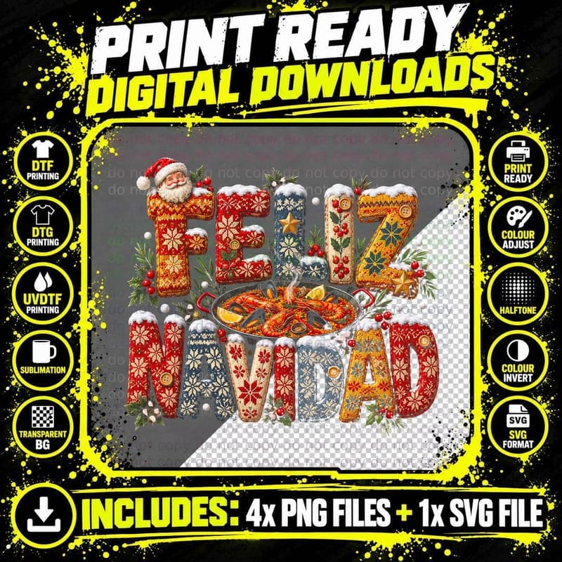 Spanish Christmas Greeting Pattern Letters Xmas Gift Png SVG Digital Bundle